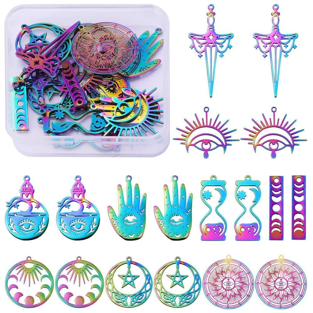 5850 18Pcs Sun Star Moon Phase Evil Eye Charms Stainless Steel Rainbow